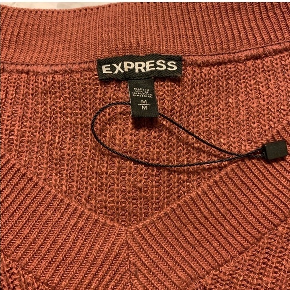 Express Tie Sleeve Split Back Cropped Sweater Pink Brown V Neck Oversized Knit - Picture 9 of 13